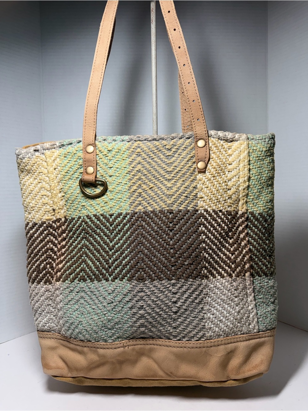 Myra Bag Leather Canvas Cotton Weave Tote / Shoulder Bag